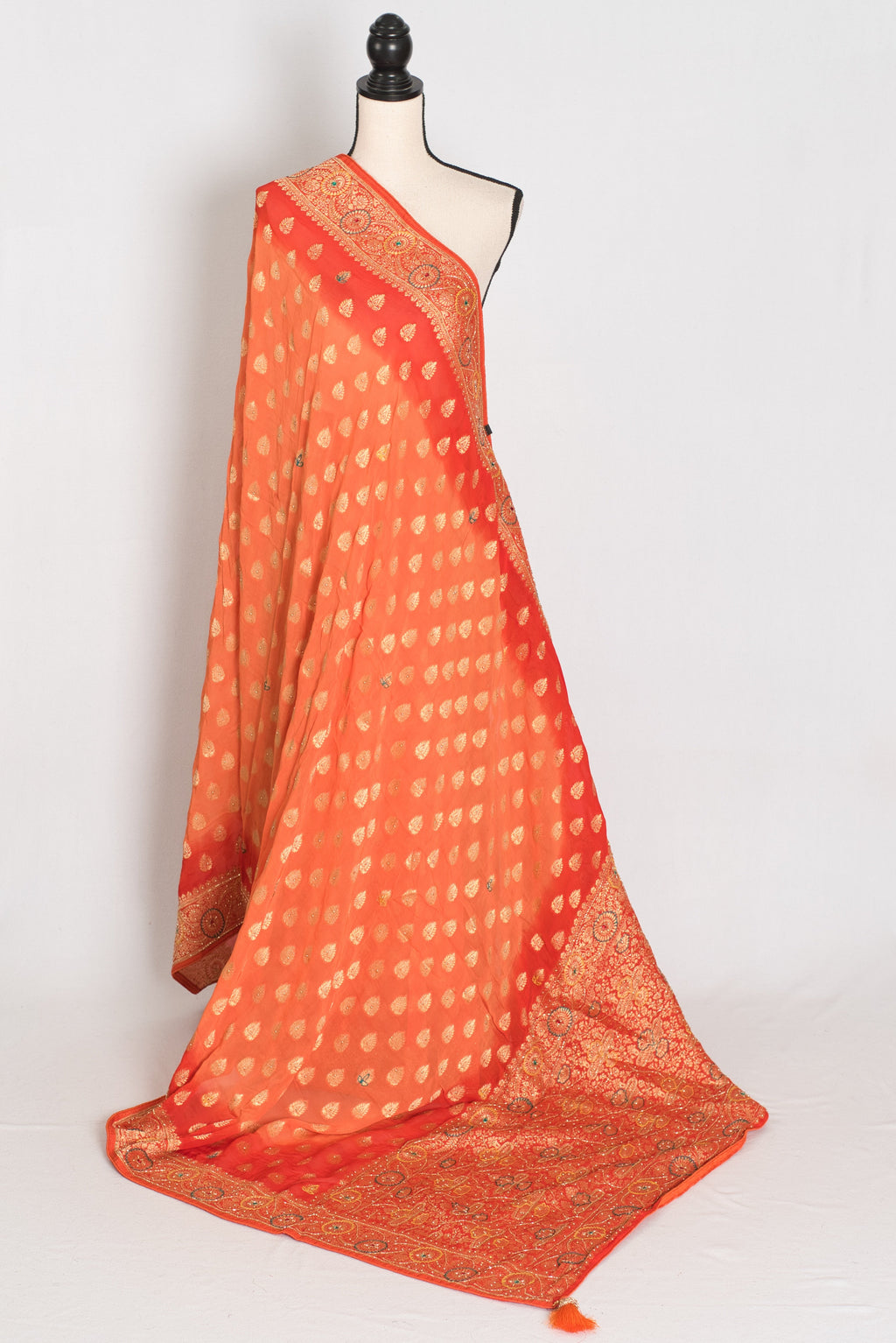 Anisha | Orange Semi Khaddi Georgette Banarasi Saree | Embroidery Work