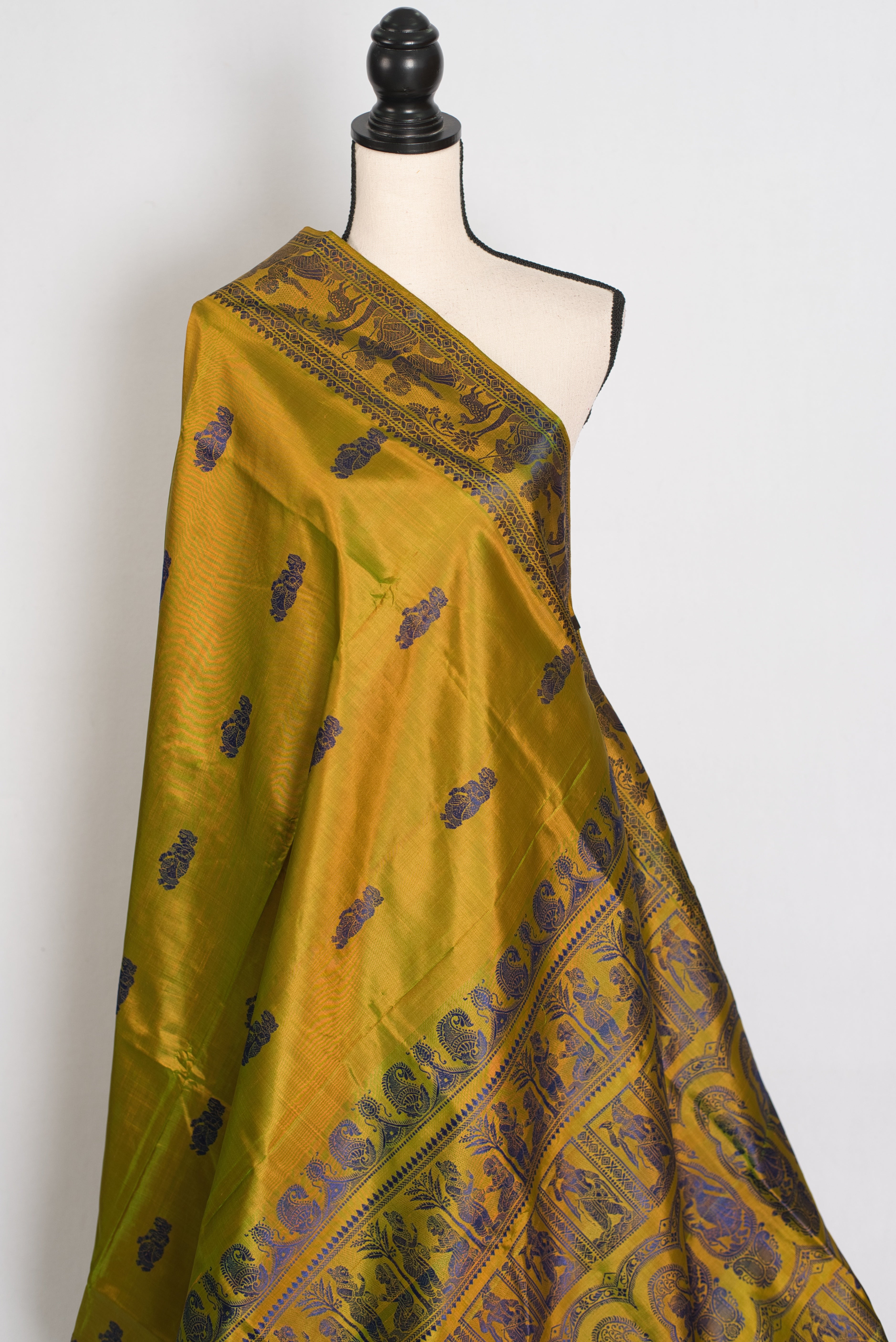 Bithi | Heena Green Handwoven Bishnupuri Baluchari Silk Saree | 38 Size Blouse