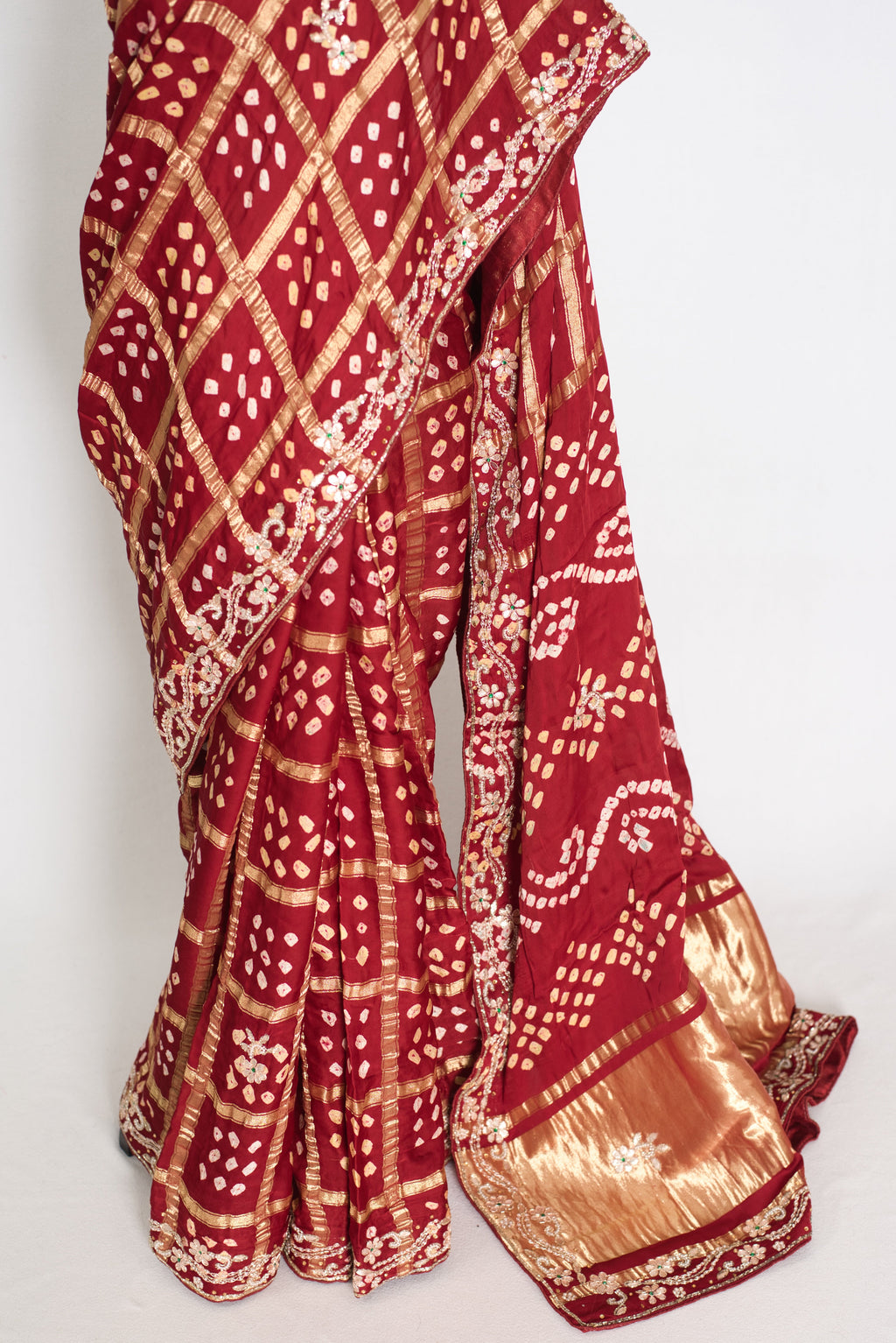 Roshni | Maroon Gharchola Gajji Silk Saree | Zardosi Gota Patti Hand Embroidery