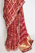 Roshni | Maroon Gharchola Gajji Silk Saree | Zardosi Gota Patti Hand Embroidery