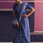 Indian Traditional Thin Deep Blue Printed Cotton and Linen Sari