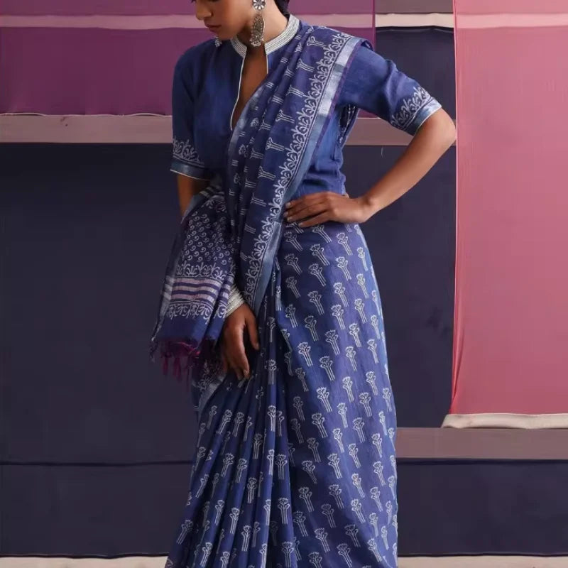 Indian Traditional Thin Deep Blue Printed Cotton and Linen Sari