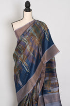 Mukta | Blue & Grey Pure Tussar Silk Saree | Contemporary Graphic Prints