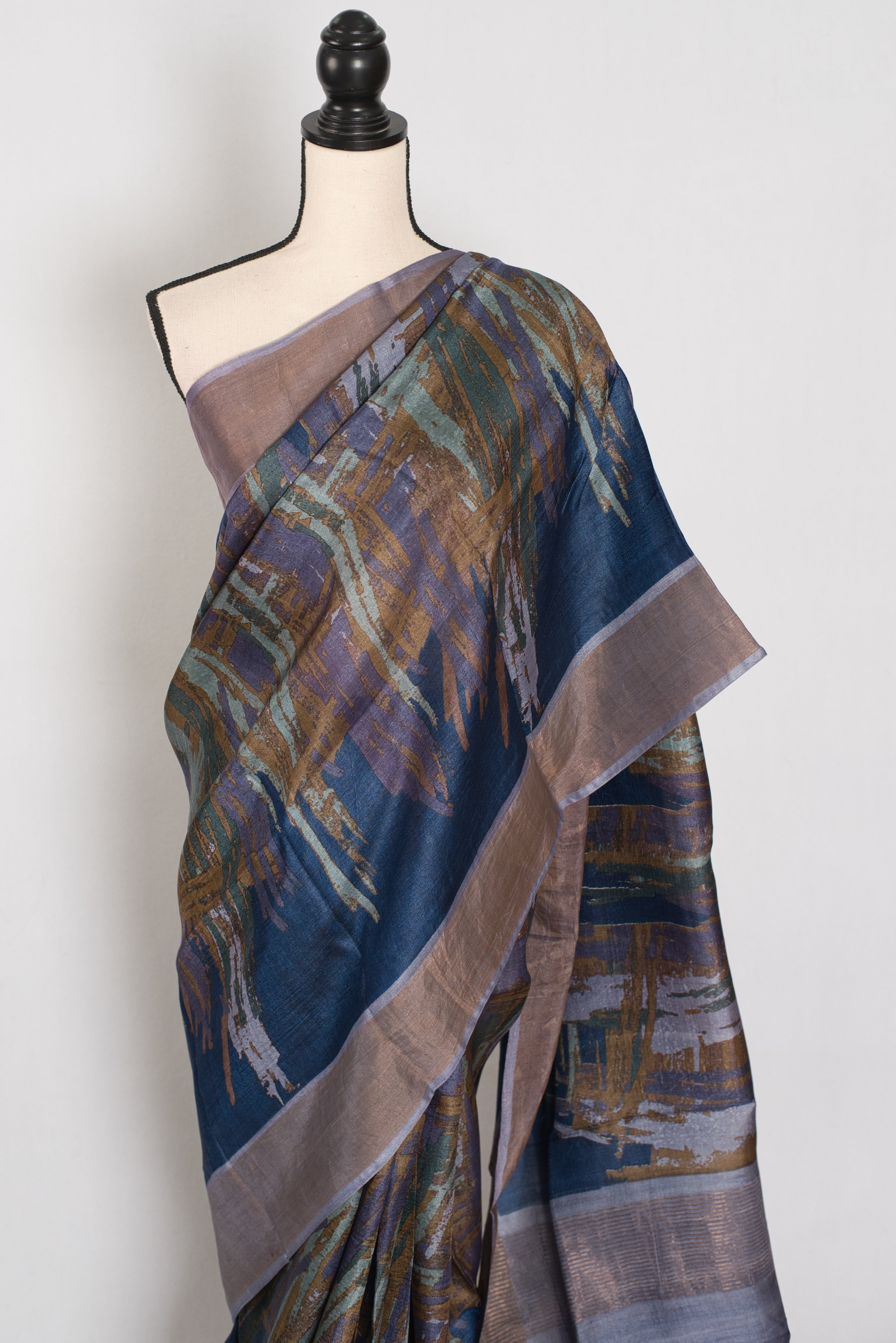 Mukta | Blue & Grey Pure Tussar Silk Saree | Contemporary Graphic Prints
