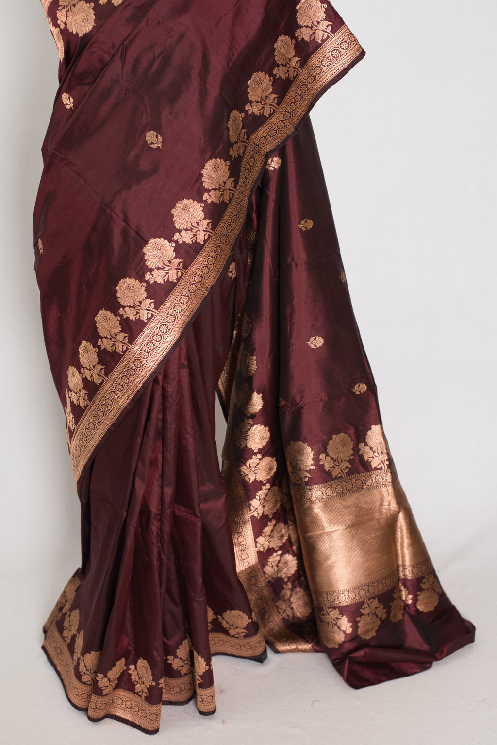 Rosa | Coffee Brown Pure Silk Banarasi Saree | Handwoven Gold Zari Rose Motifs