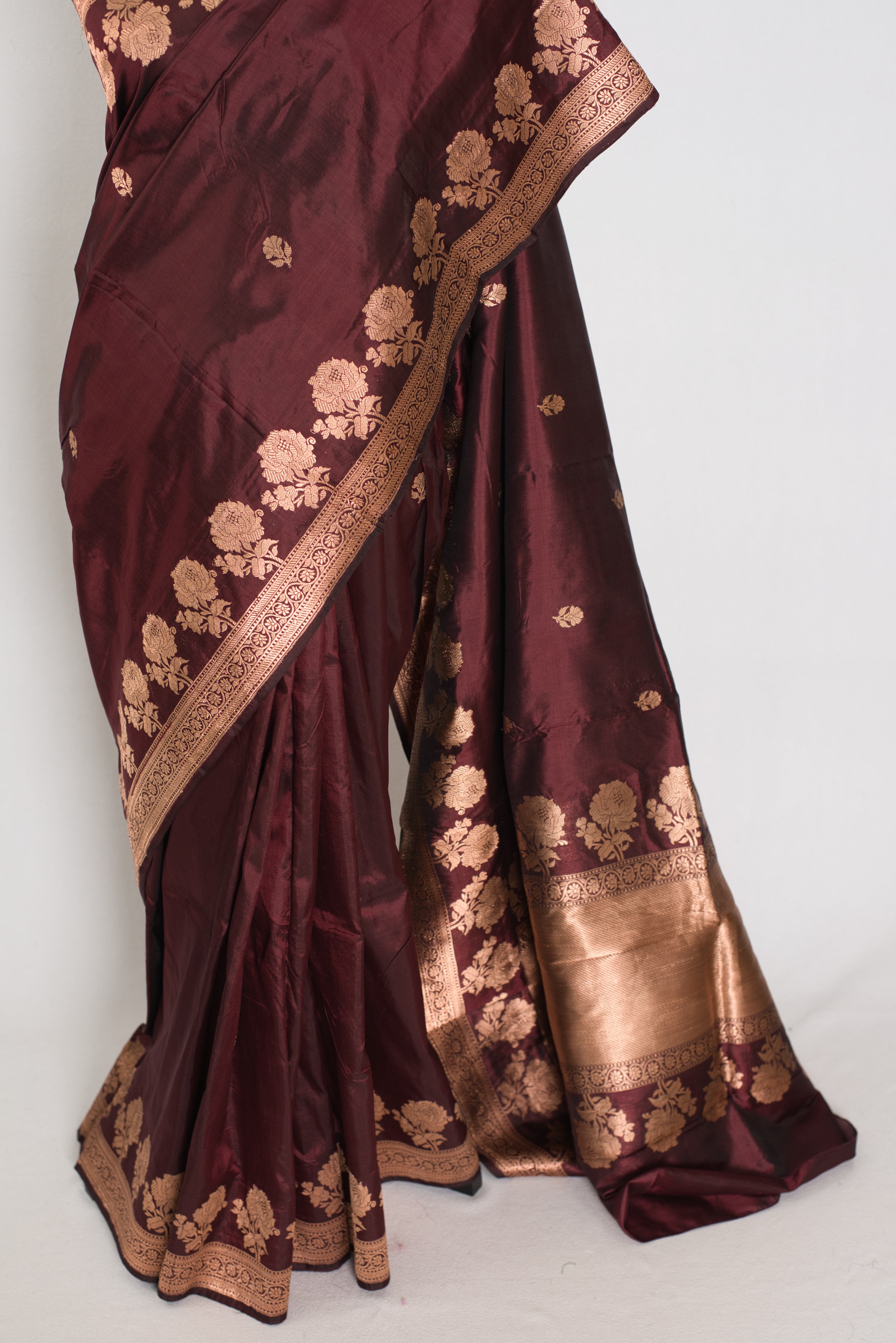 Rosa | Coffee Brown Pure Silk Banarasi Saree | Handwoven Gold Zari Rose Motifs