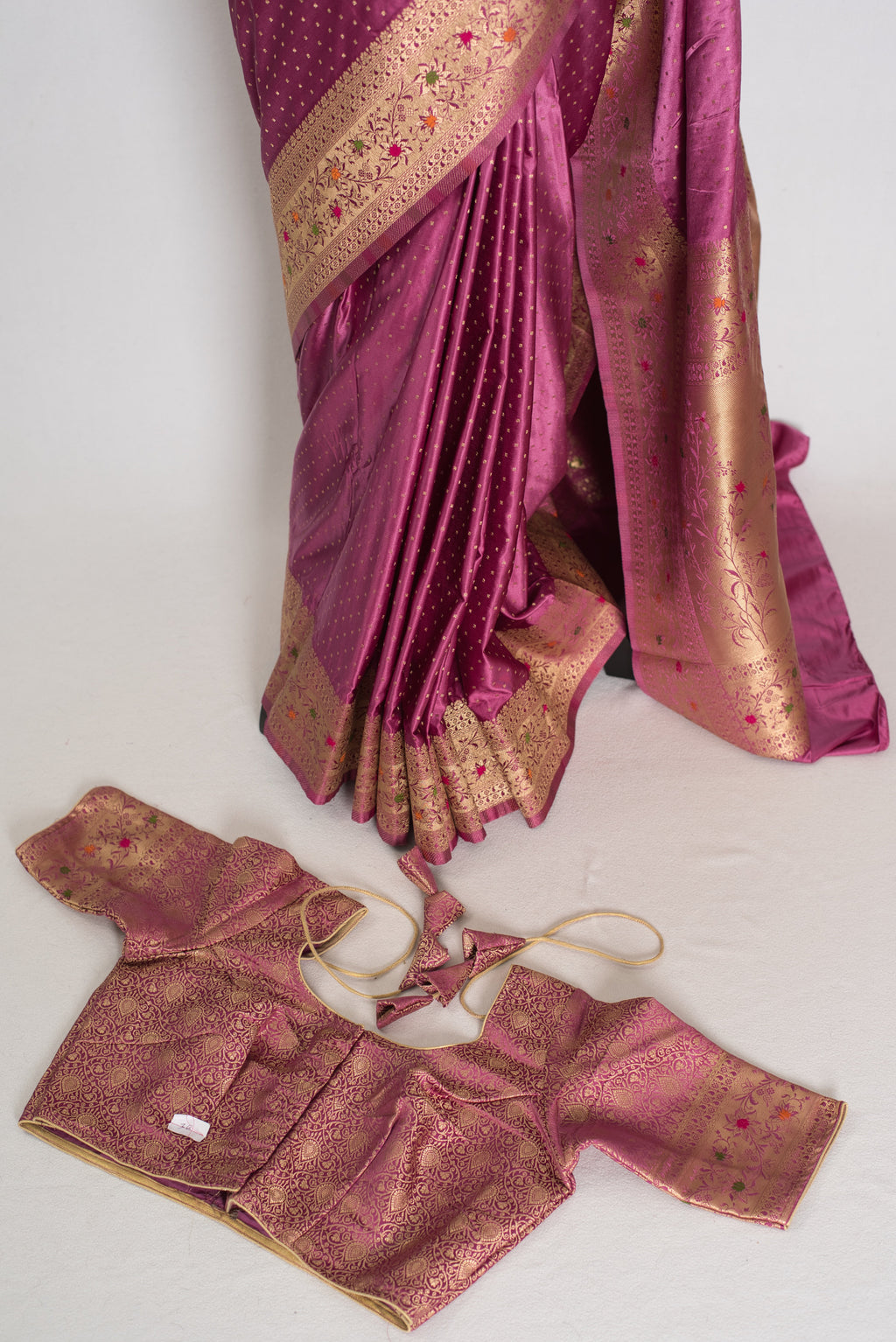 Indrani | Purplish Pink Semi Mashru Banarasi Saree | Pre-Stitched Size 36 Blouse