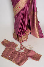 Indrani | Purplish Pink Semi Mashru Banarasi Saree | Pre-Stitched Size 36 Blouse