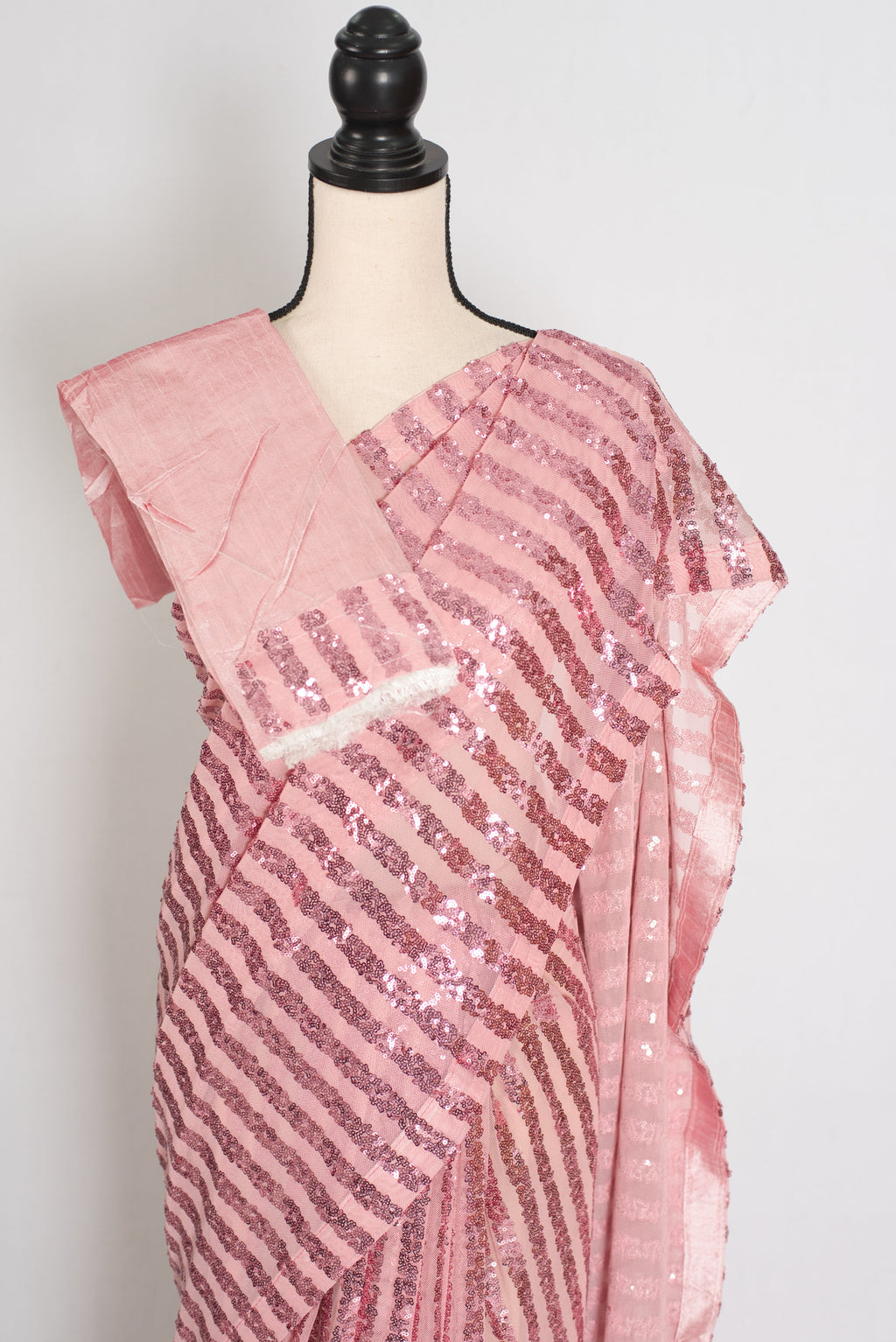 Afrin | Pink Soft Net Sequin Saree | Linear Shimmer Stripe Patterns