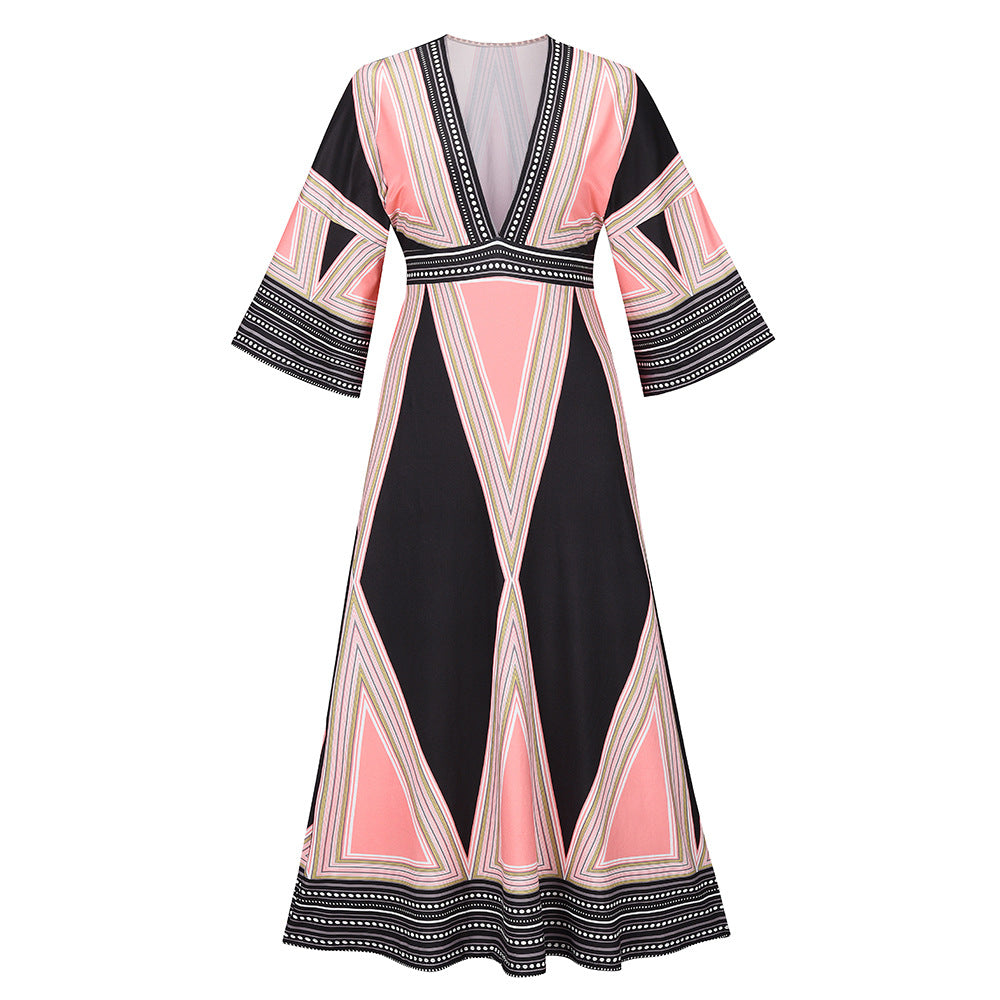 Deep V Neck Indian Print Dress Plus Size Women's