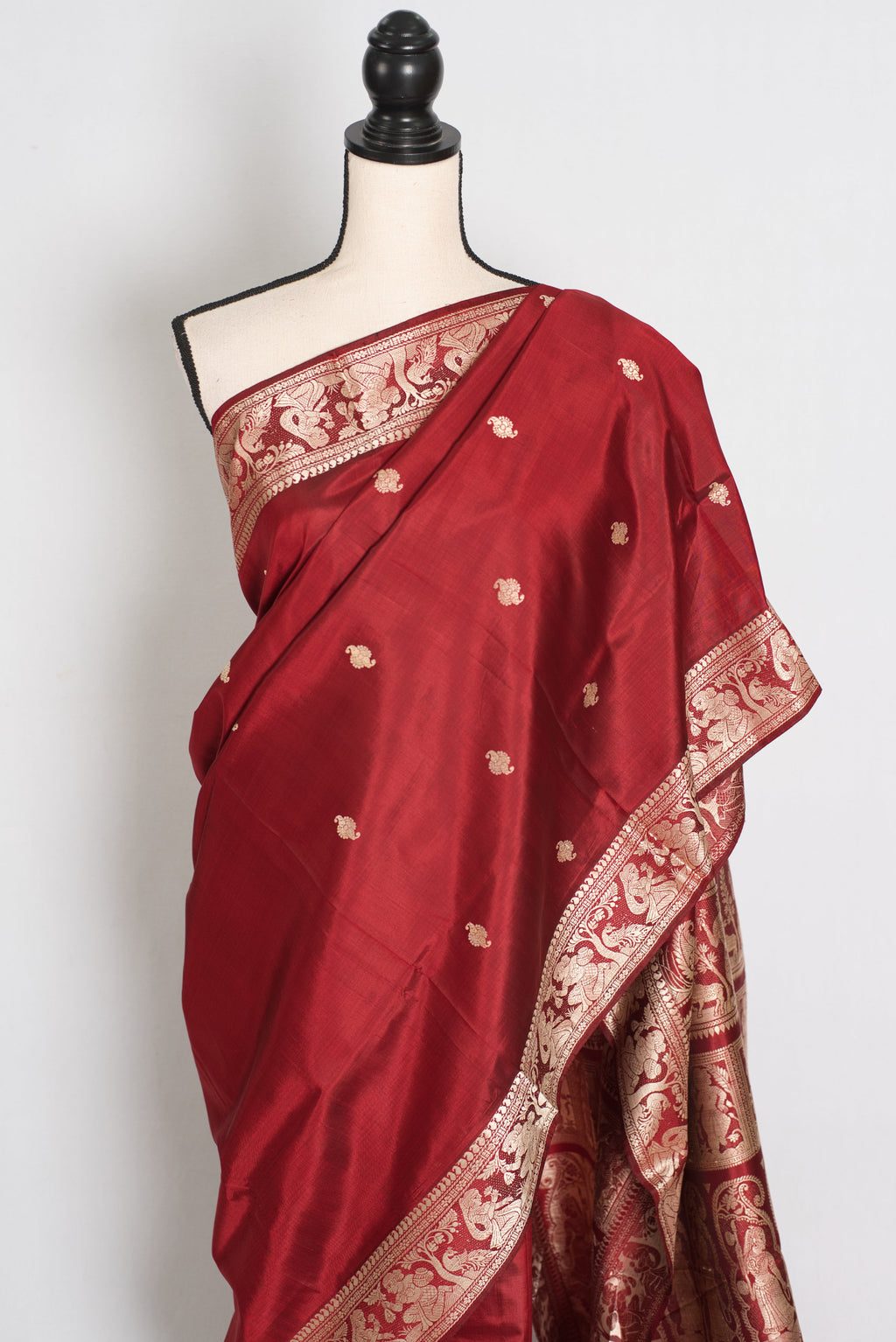 Pritha | Royal Maroon and Cream Handwoven Baluchari Pure Silk Saree