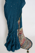 Ira | Teal Blue Mirror Work Partywear Saree | Ajrakh Printed Pallu & Blouse