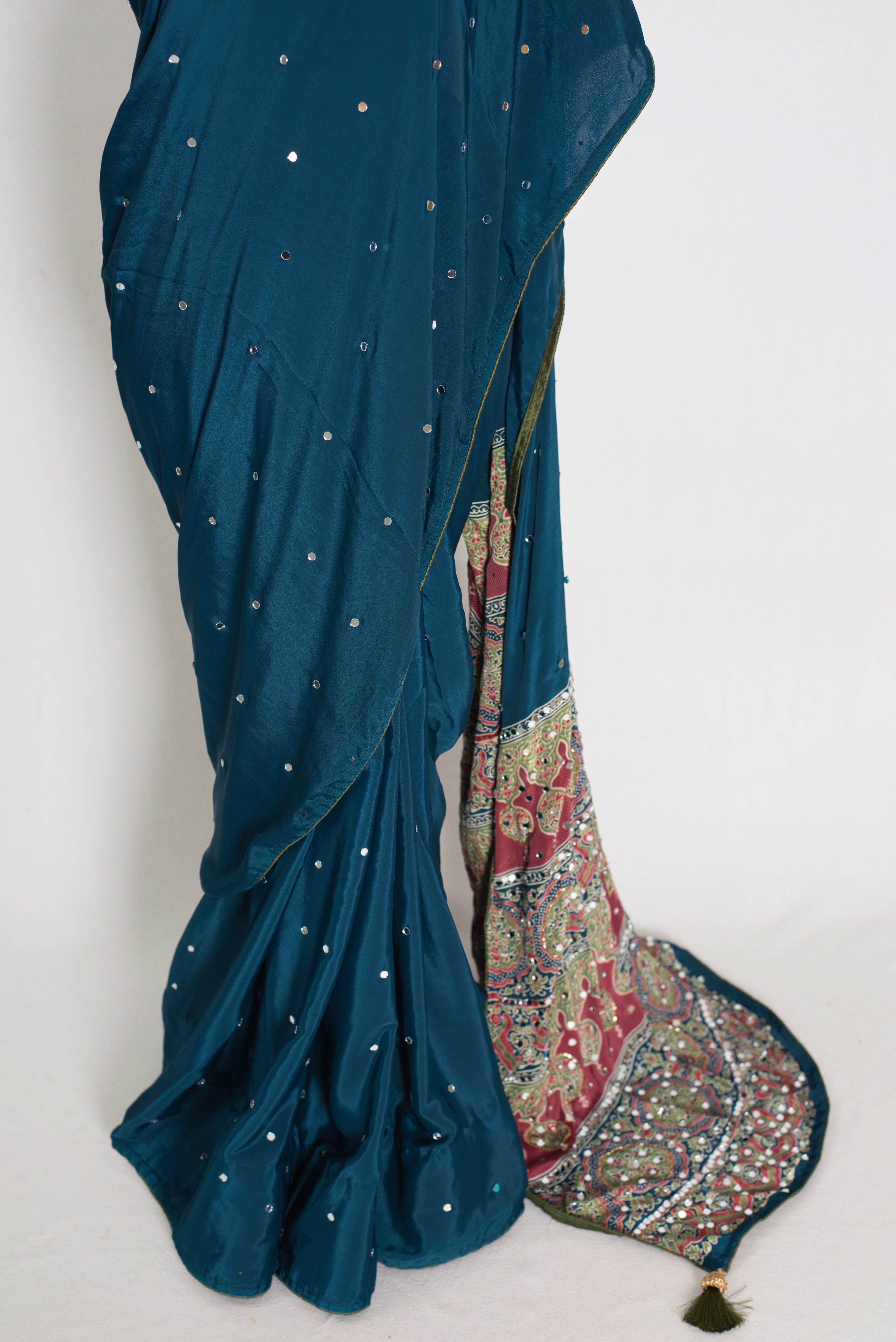 Ira | Teal Blue Mirror Work Partywear Saree | Ajrakh Printed Pallu & Blouse