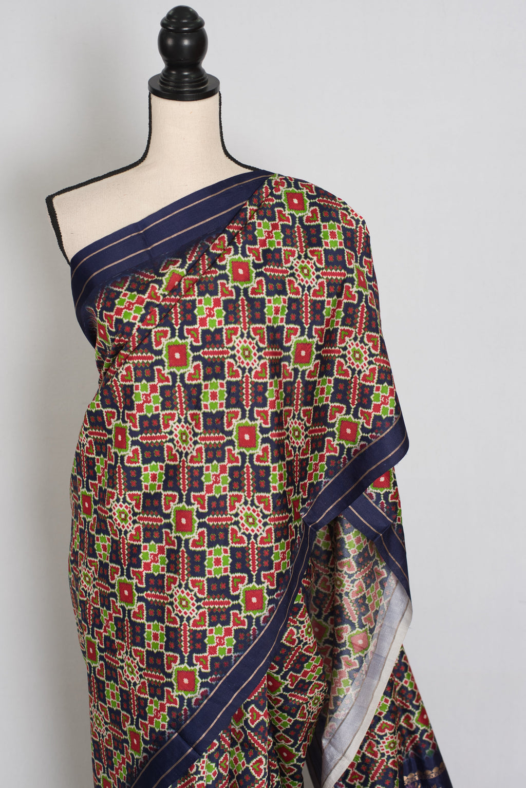 Leela : Navy Blue Ikkat Print Banarasi Silk Saree – with 36 Size Blouse