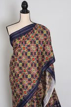 Leela : Navy Blue Ikkat Print Banarasi Silk Saree – with 36 Size Blouse