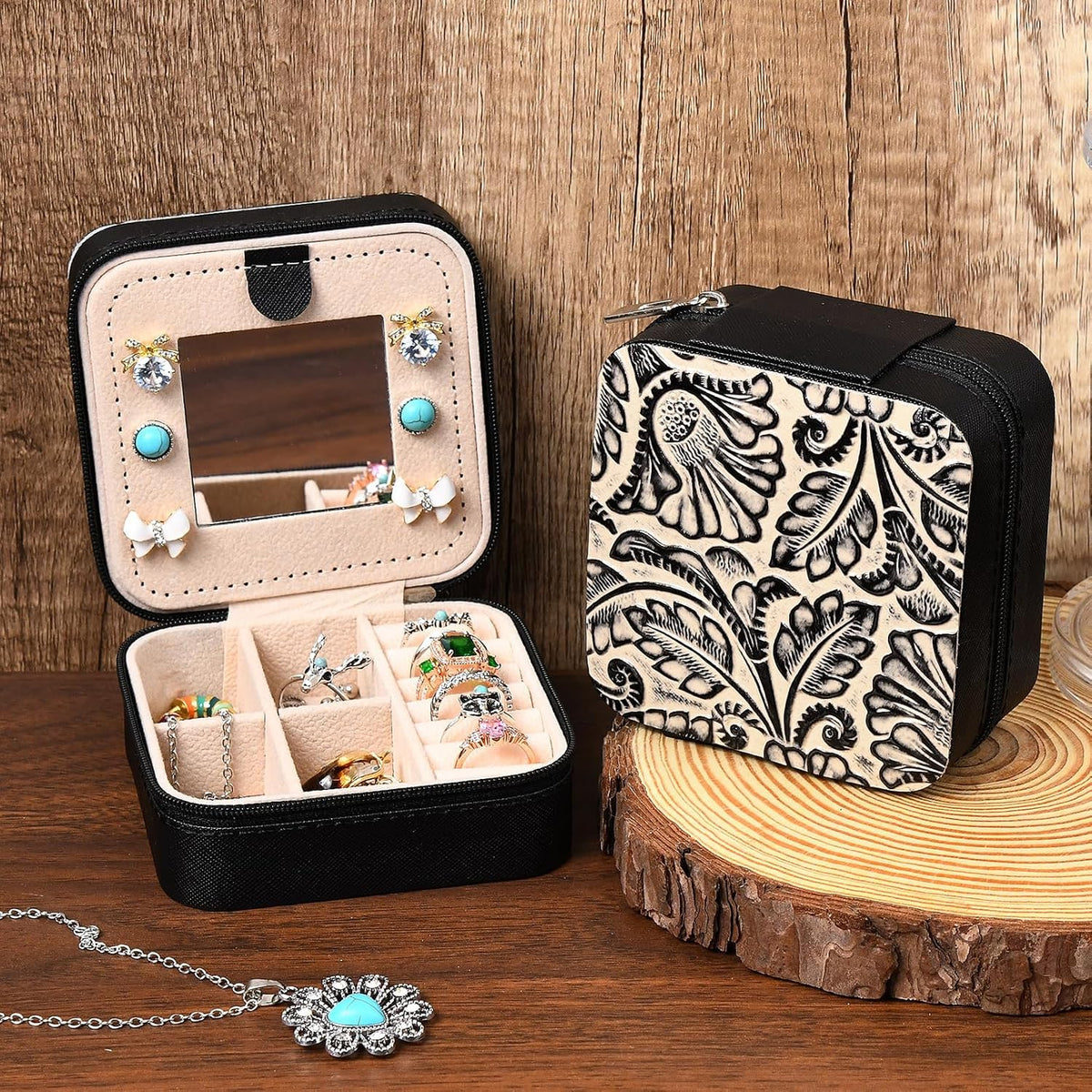 Western Jewelry Box Case Real Leather Black and Beige Embossed Tooled Travel Jewelry Organizer Gifts Christmas Gifts for Women Country Girls Cowgirl Stuff Portable Travel Accessories -Black