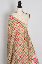 Ira : Off-White Ikkat Print Banarasi Katan Silk Saree – 38 Size Blouse