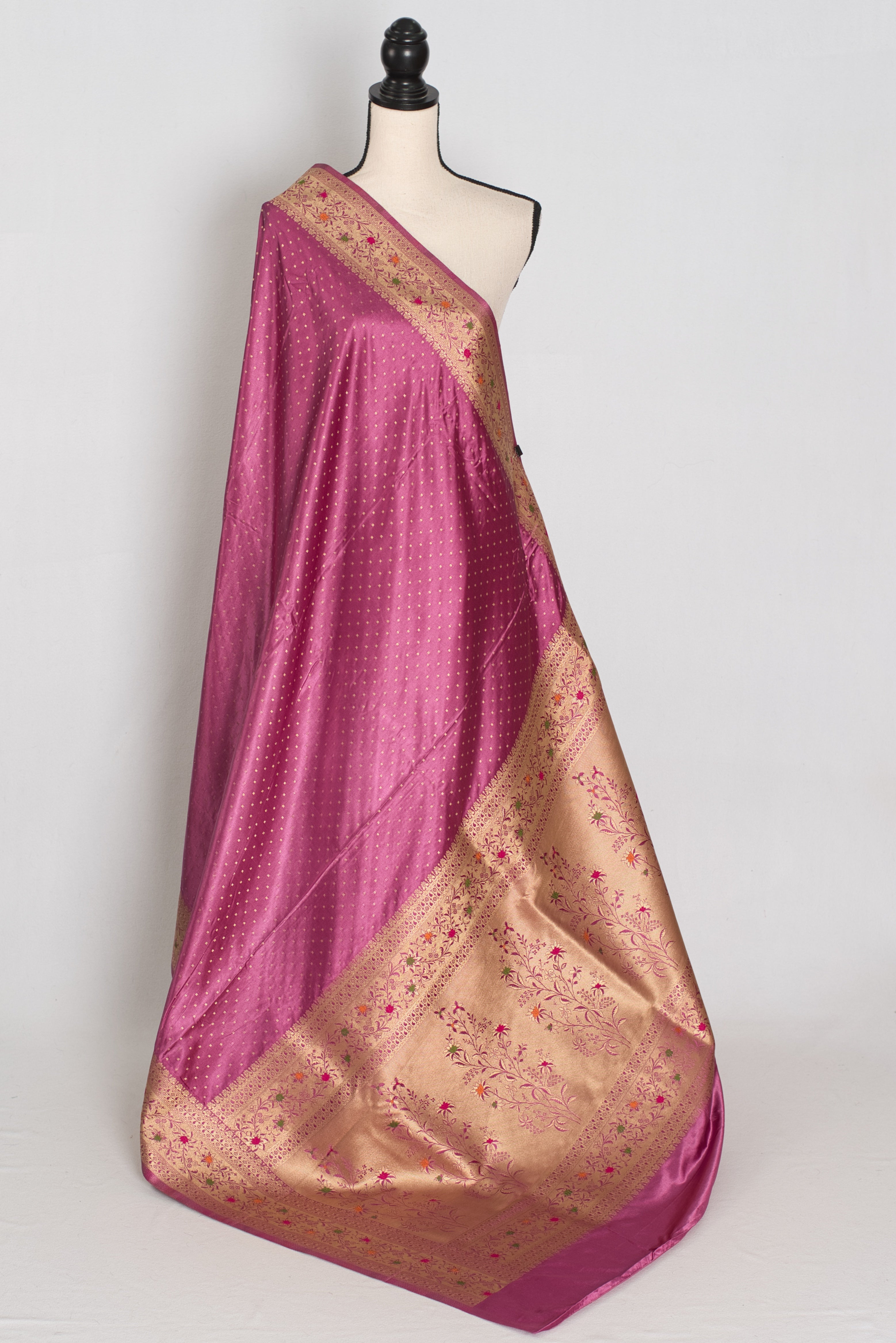 Indrani | Purplish Pink Semi Mashru Banarasi Saree | Pre-Stitched Size 36 Blouse