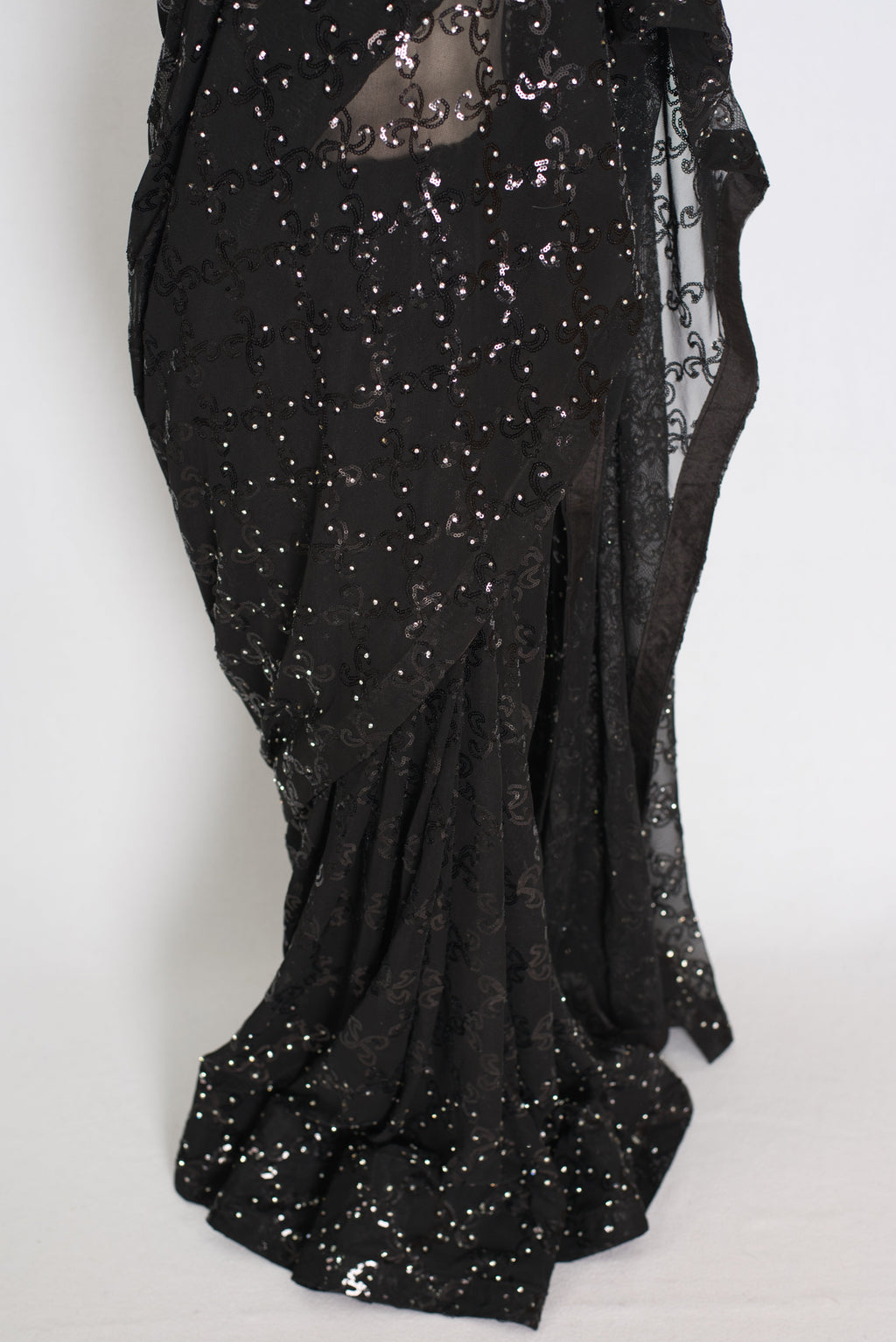 Kajaal | Black Soft Net Fitted Cocktail Saree| Sequins & Stone Embellishments