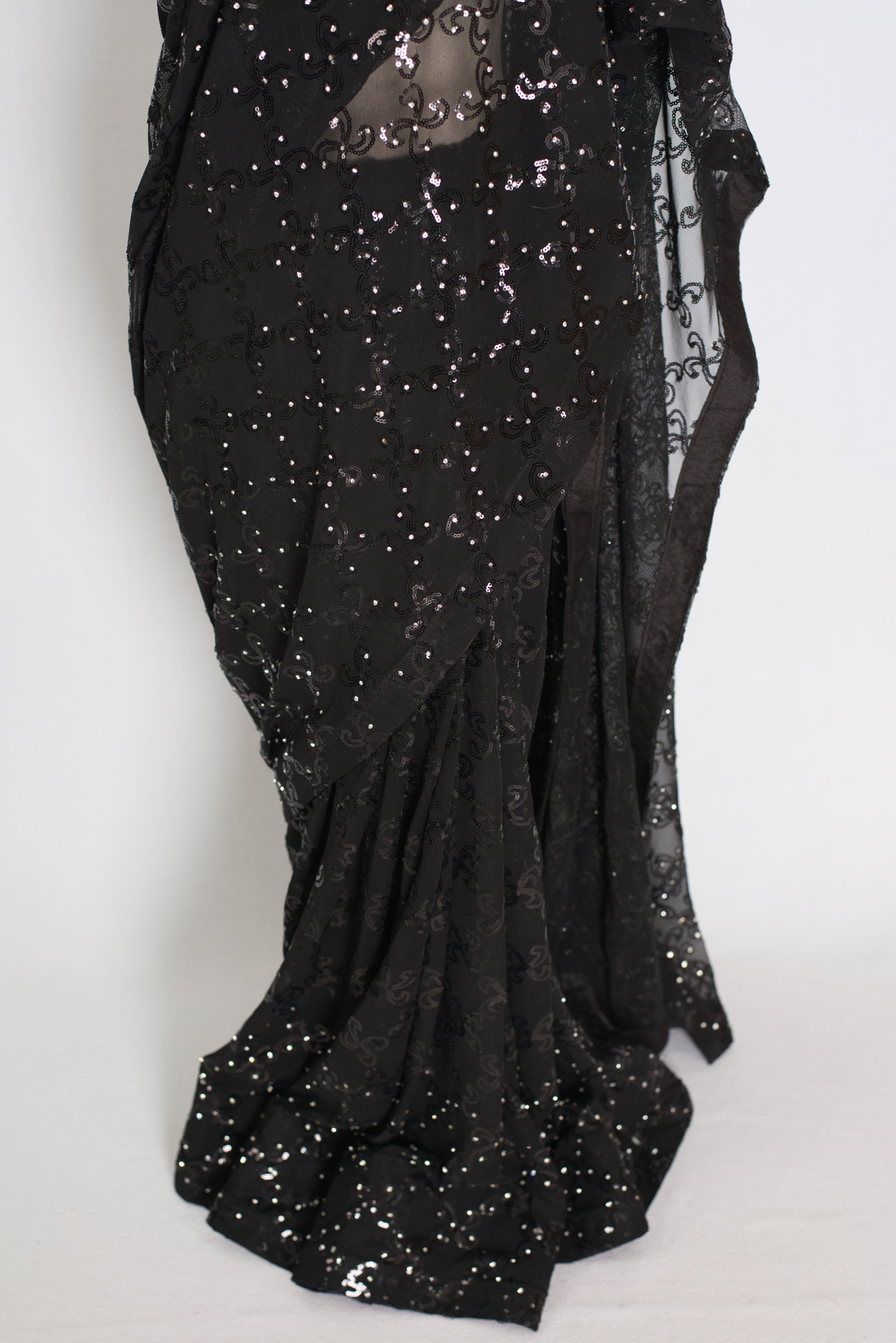 Kajaal | Black Soft Net Fitted Cocktail Saree| Sequins & Stone Embellishments