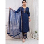 Women's Indian Ethnic Print 3-Piece Kurta Set Mid-Length Cotton Suit with Palazzo Dupatta