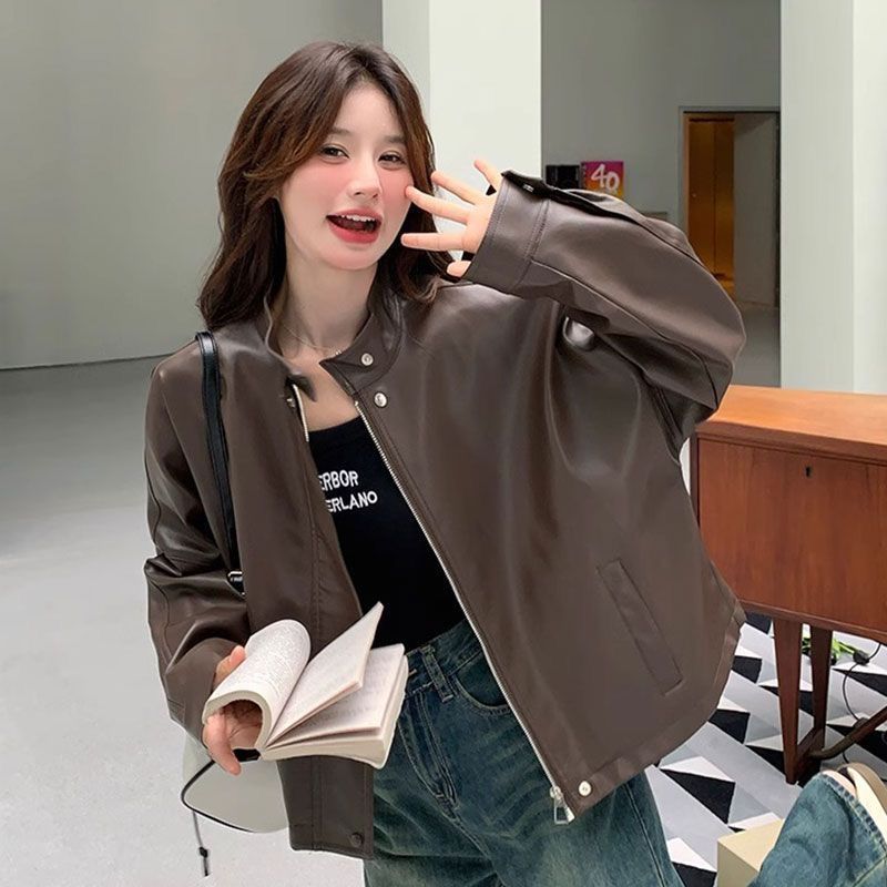 Womens Cropped American Retro Coffee-colored Leather Biker Jacket