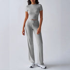 SpringSummer Elegant Solid Color Crew Neck Short Sleeve Top And Pants Set
