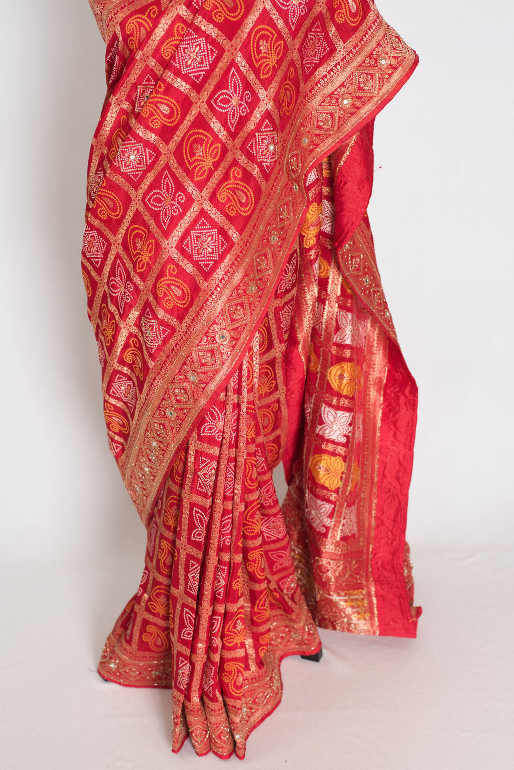 Radha | Red Dola Silk Gharchola Banarasi Saree | Hand-Embroidered Border & Pallu
