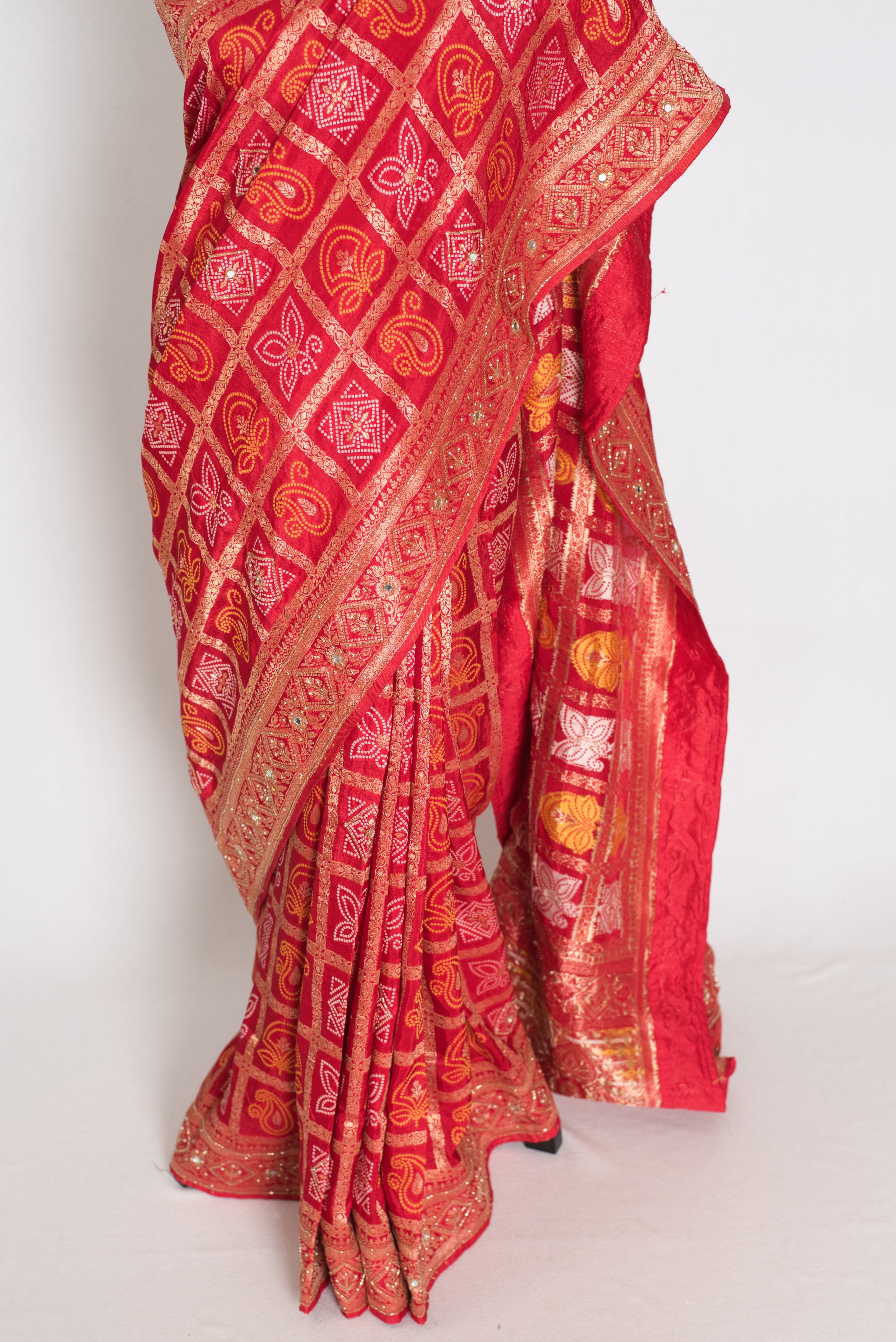Radha | Red Dola Silk Gharchola Banarasi Saree | Hand-Embroidered Border & Pallu