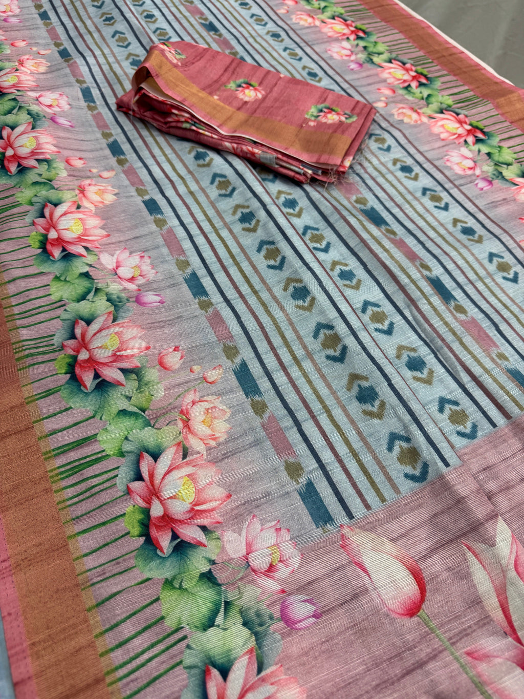 Jissa | Sky Blue & Mauve Ikkat Fusion Semi Tussar Saree