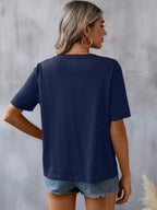 Women's Floral Embroidered Notched V-Neck T-Shirt – Short Sleeve Boho Lace Trim Top