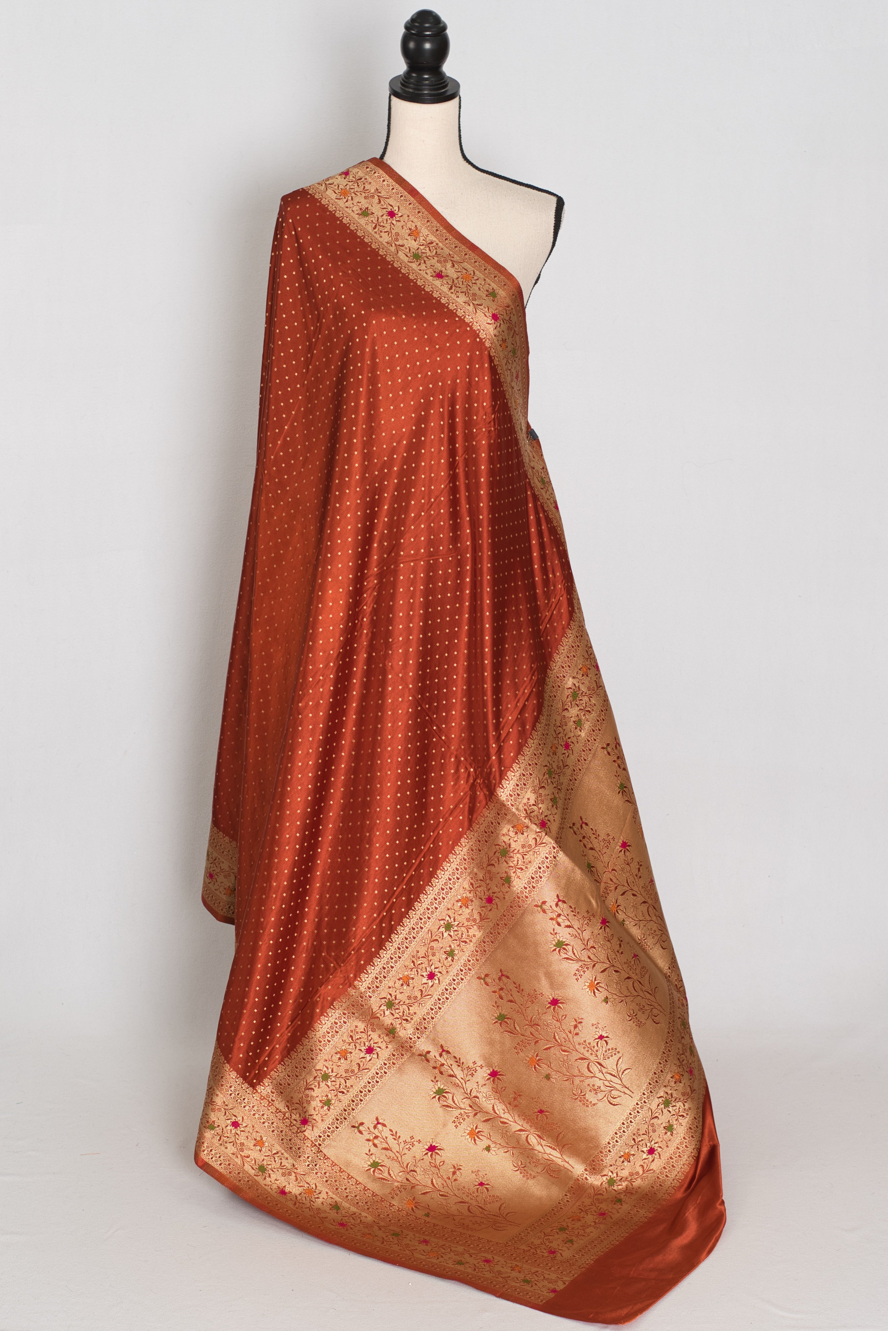 Nina | Rust Orange Semi Mashru Banarasi Saree | Pre-Stitched Size 40 Blouse