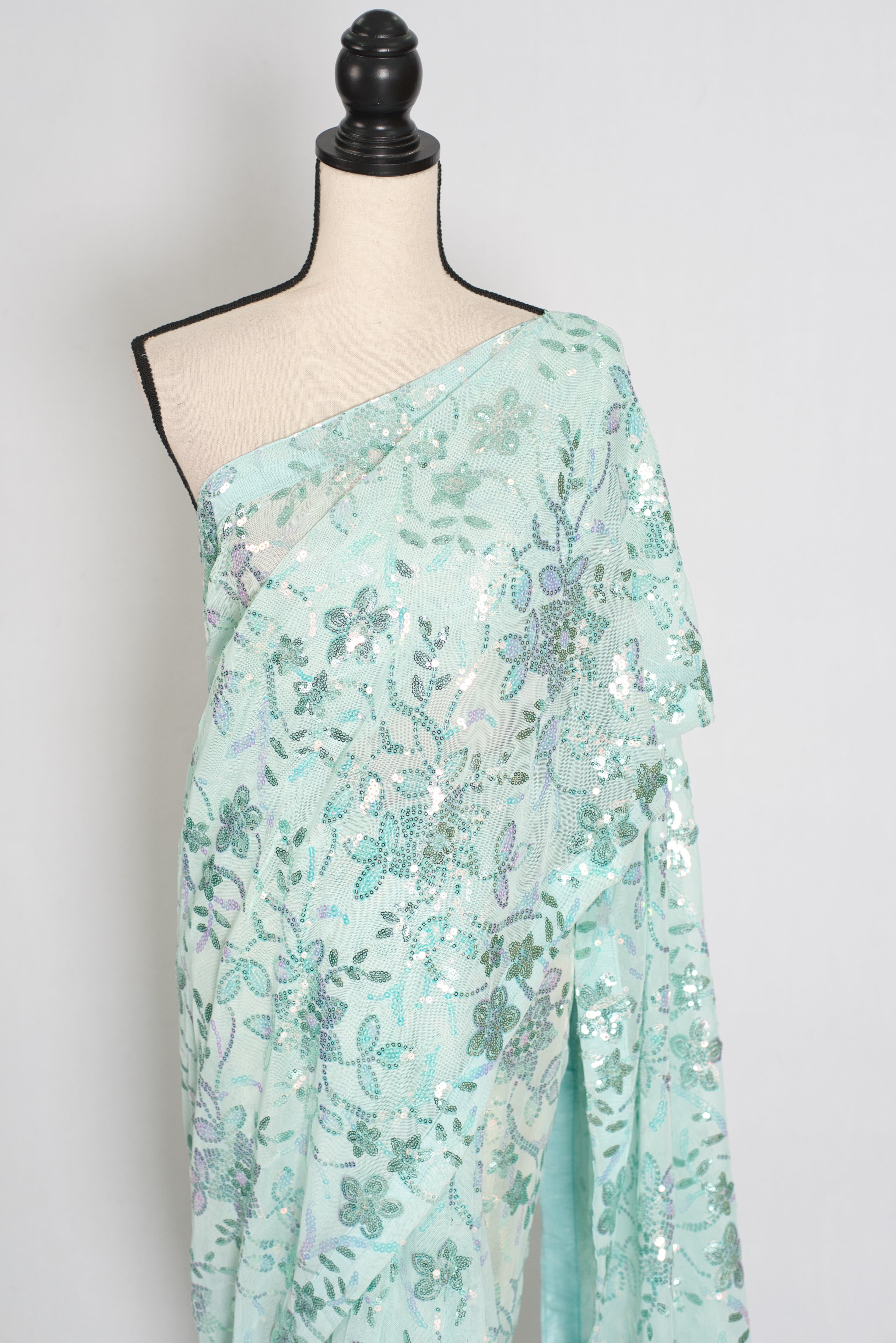 Ishq | Sea Green Soft Net Saree | Ready-To-Wear Set with Size 36 Stitched Blouse