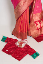 Vibha | Dual-Shade Pink Banarasi Silk Saree with 36 Size Ready-Stitched Blouse