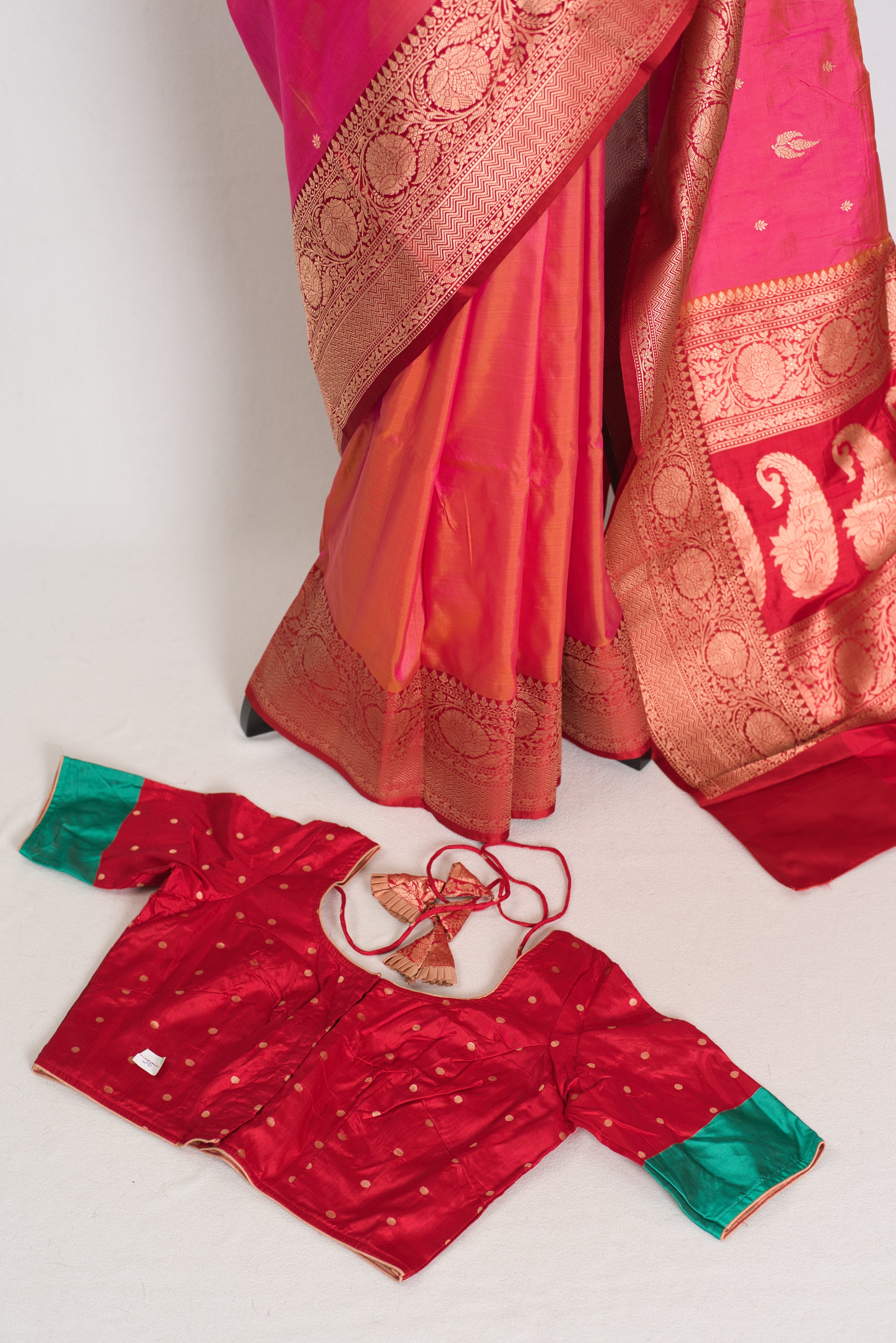 Vibha | Dual-Shade Pink Banarasi Silk Saree with 36 Size Ready-Stitched Blouse