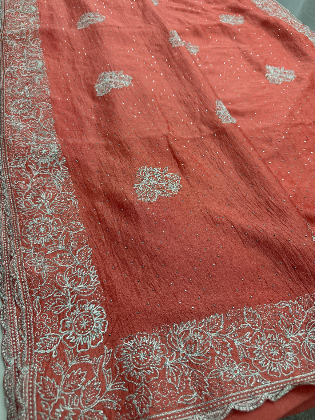 Iti | Peach Partywear Saree | Silver Thread Embroidery & Stones