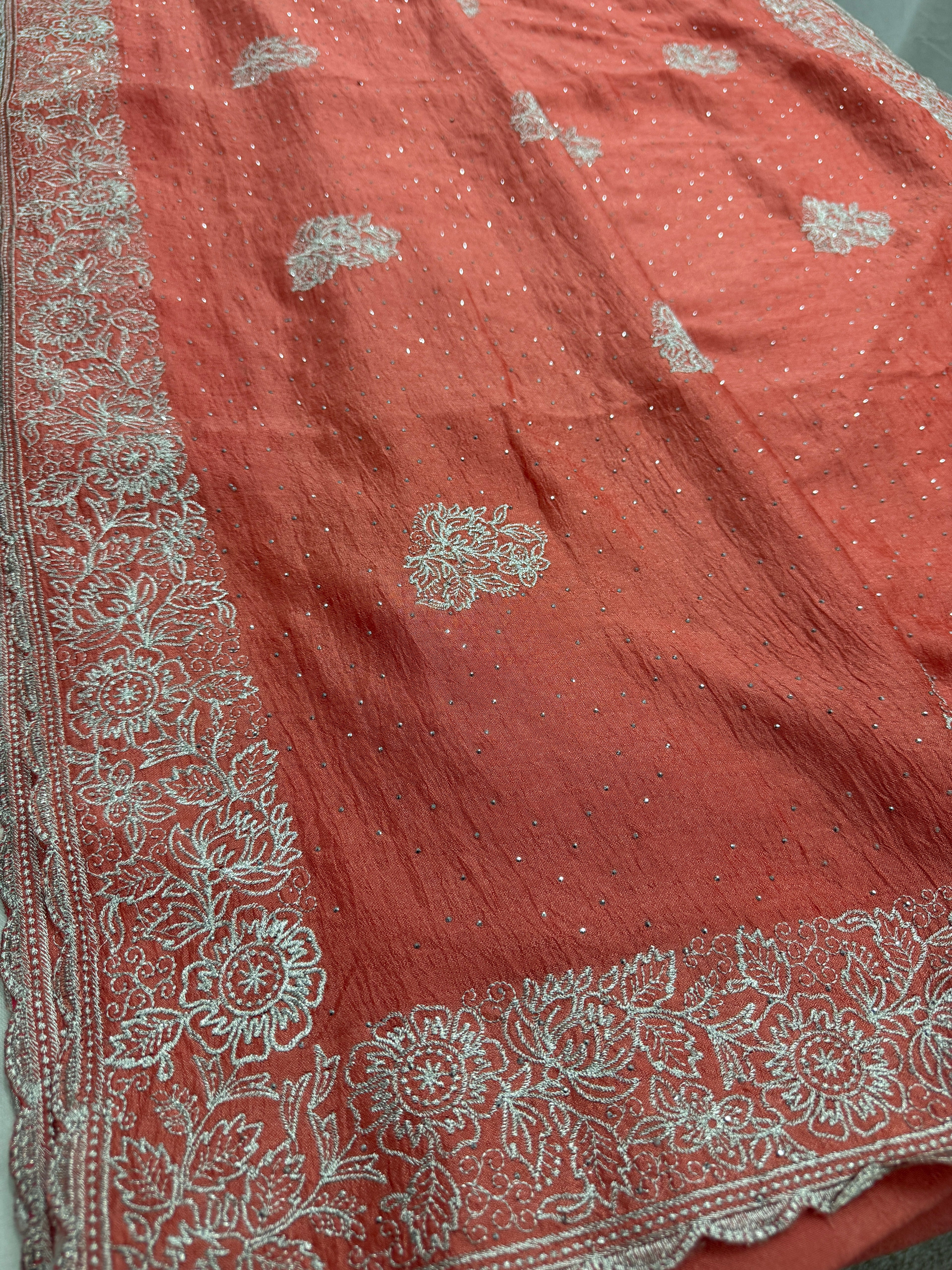 Iti | Peach Partywear Saree | Silver Thread Embroidery & Stones
