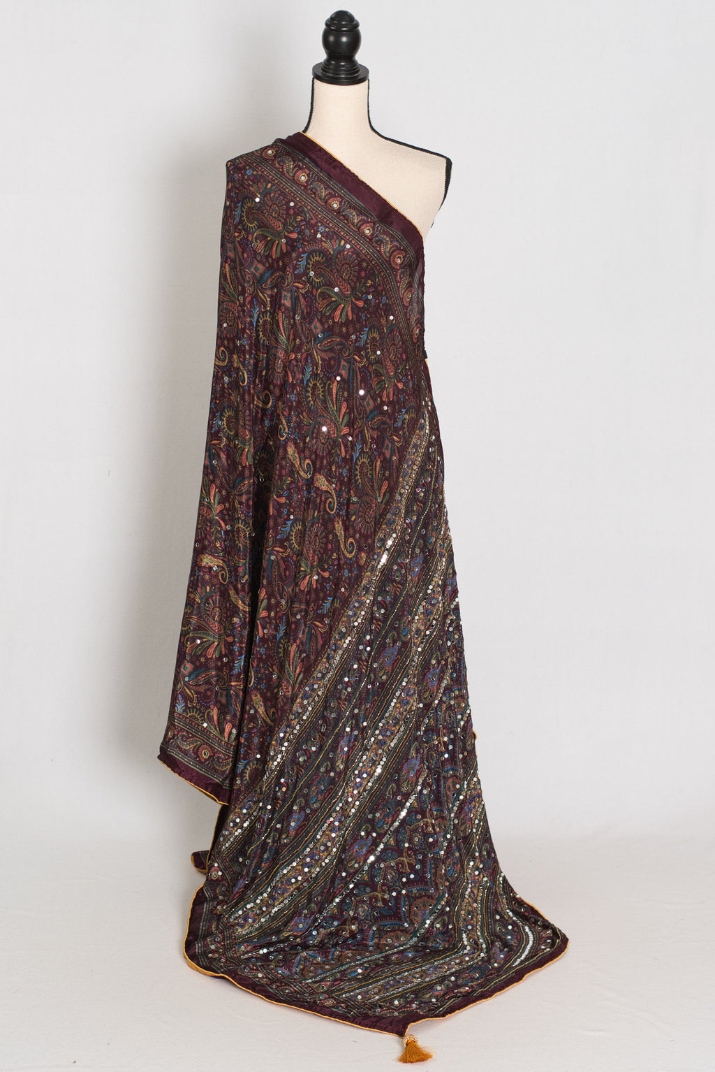 Nirja | Purple Kalamkari Printed Mirror Work Saree | Soft Semi Modal Silk