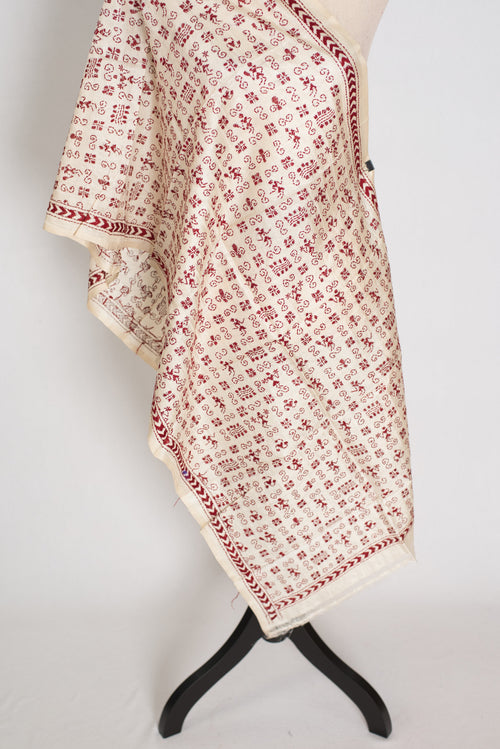 Ankhi : Tussar Silk Stole with Hand Embroidery Kantha Stitch – Beige and Maroon