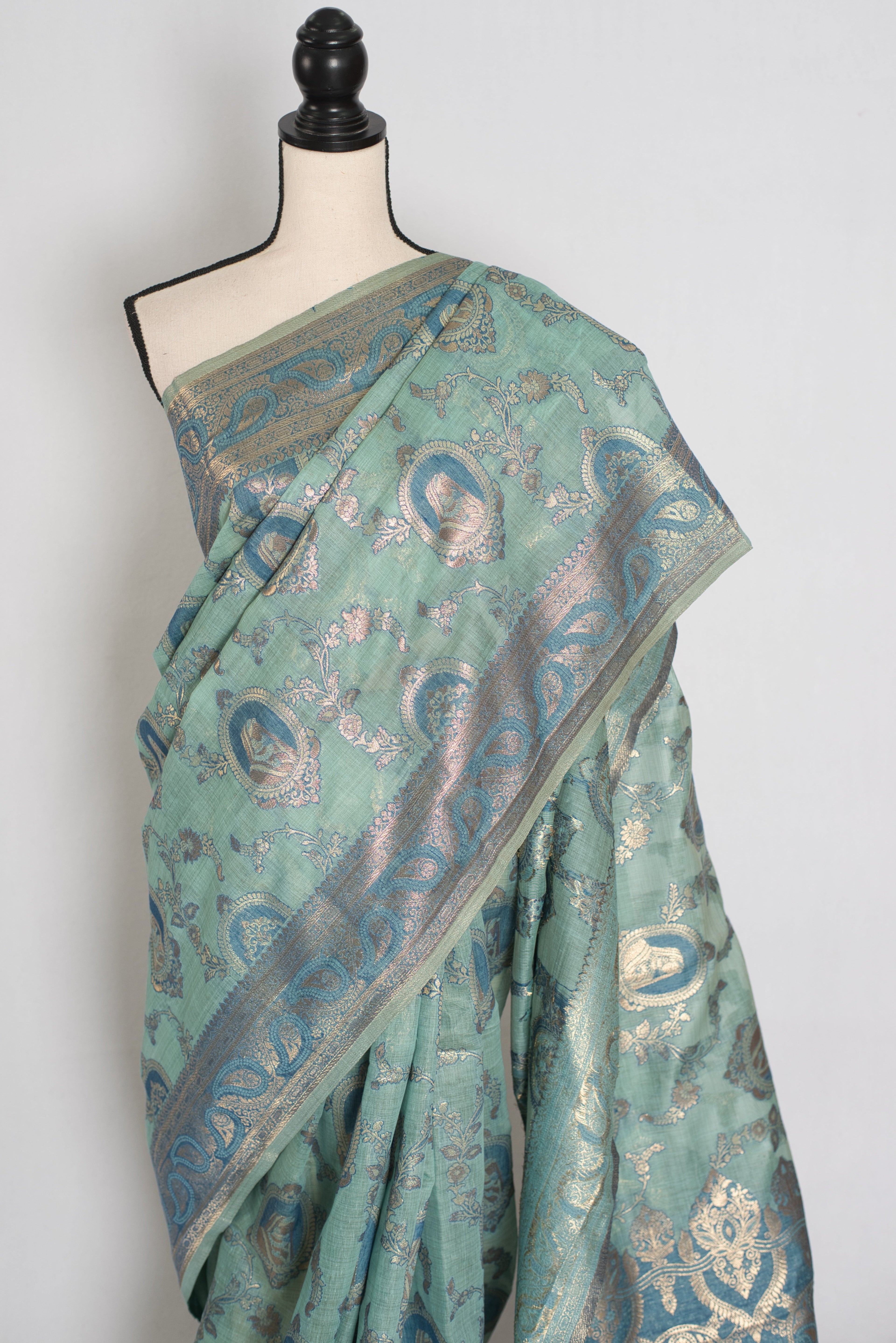 Mira | Pastel Blue Blended Cotton Saree | Traditional Baluchari Motifs