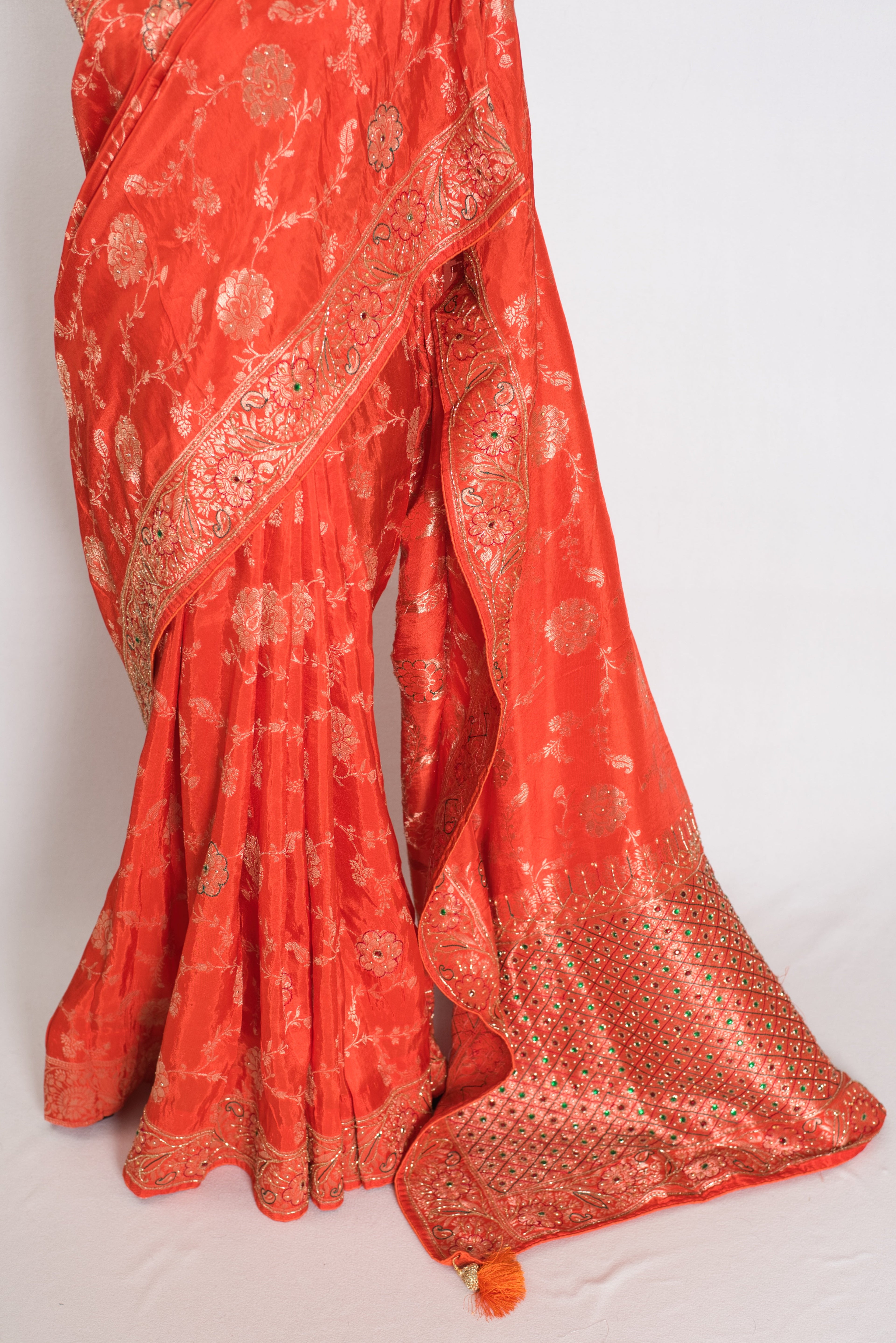 Mahi : Orange and Gold Dola Silk Banarasi Saree – with Hand Embroidery