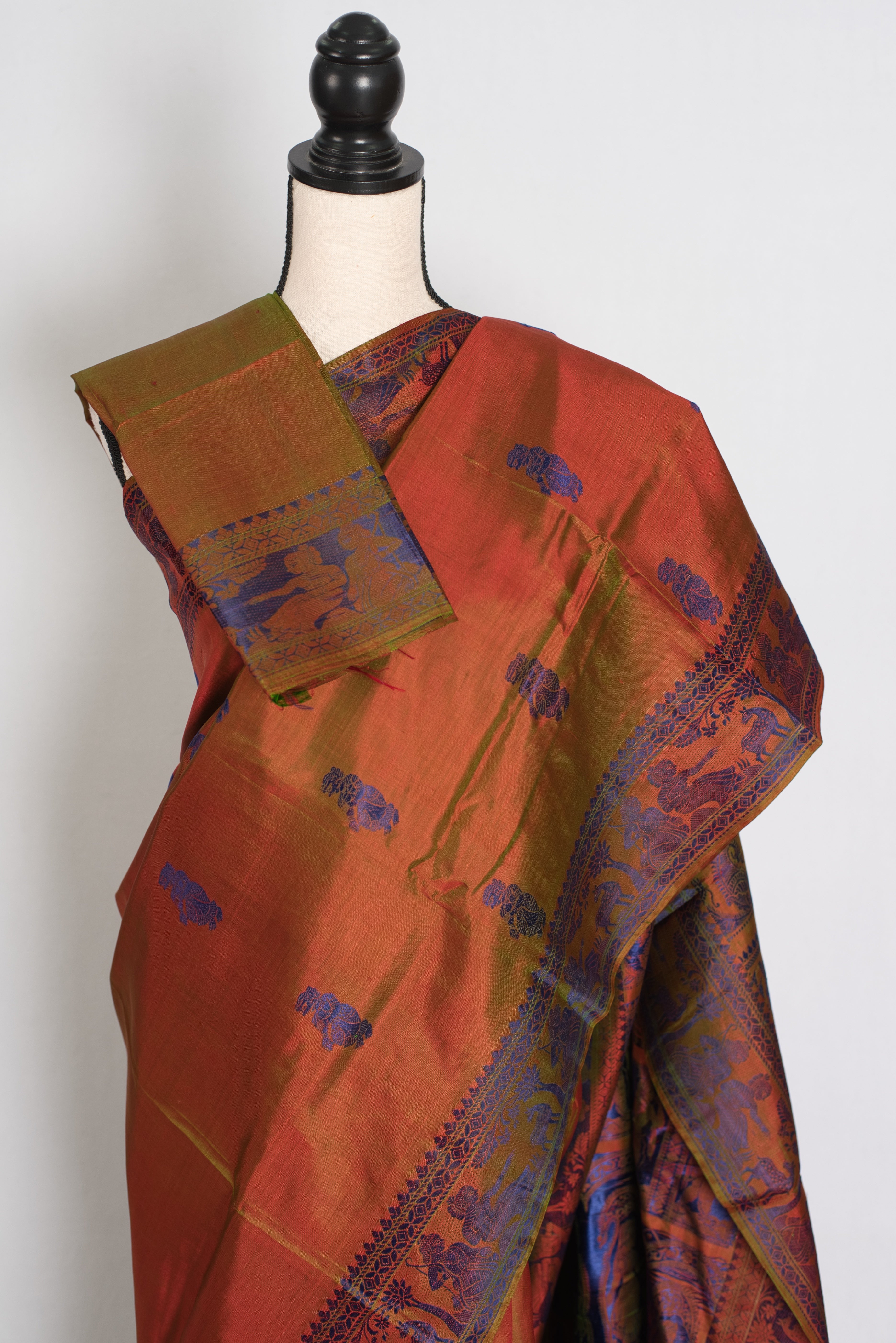 Nita | Brown and Blue Handwoven Baluchari Silk Saree with Blue Minakari Detail