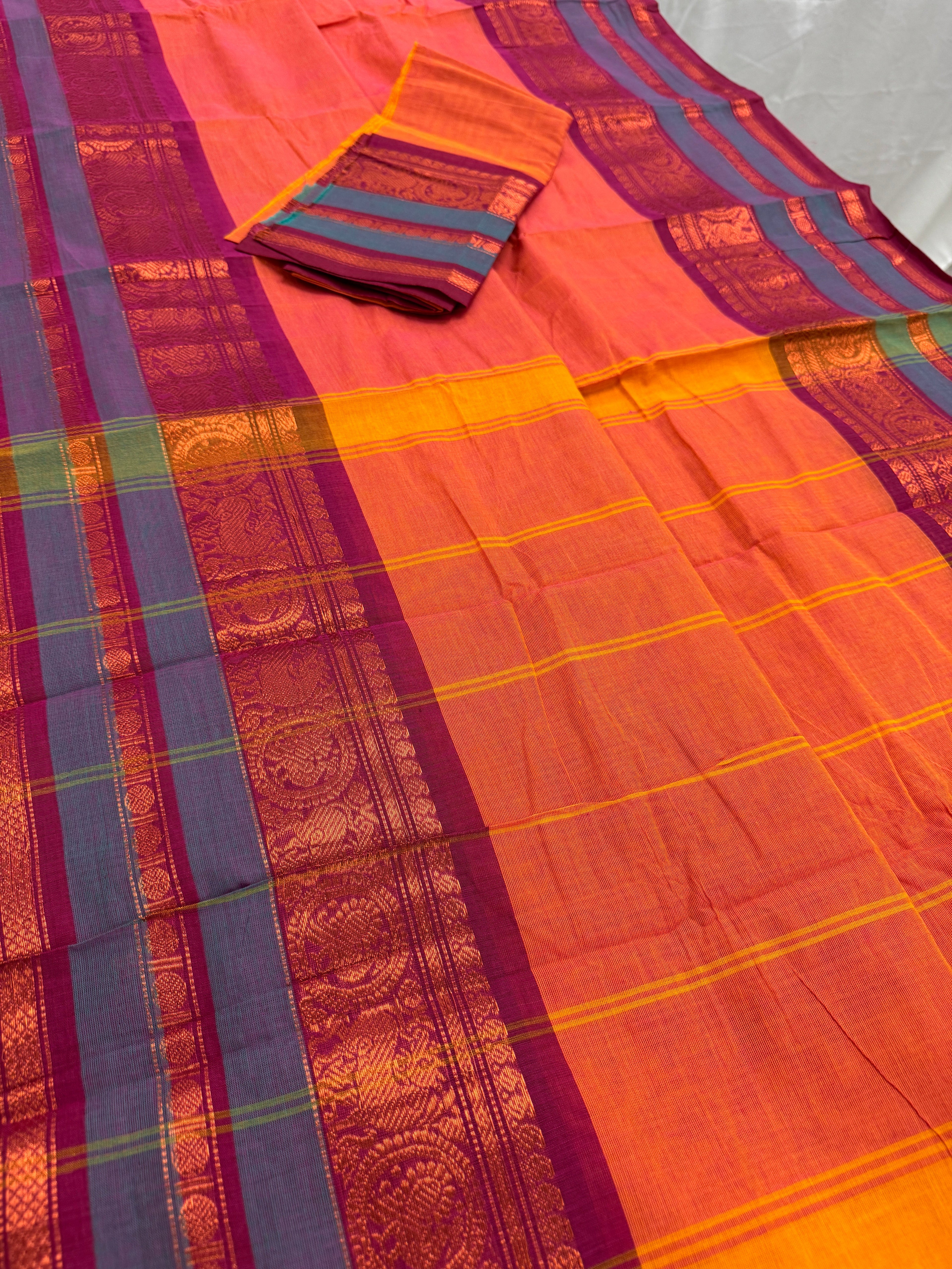 Malathi : Handwoven Kanchi Cotton Saree in Orange and Magenta