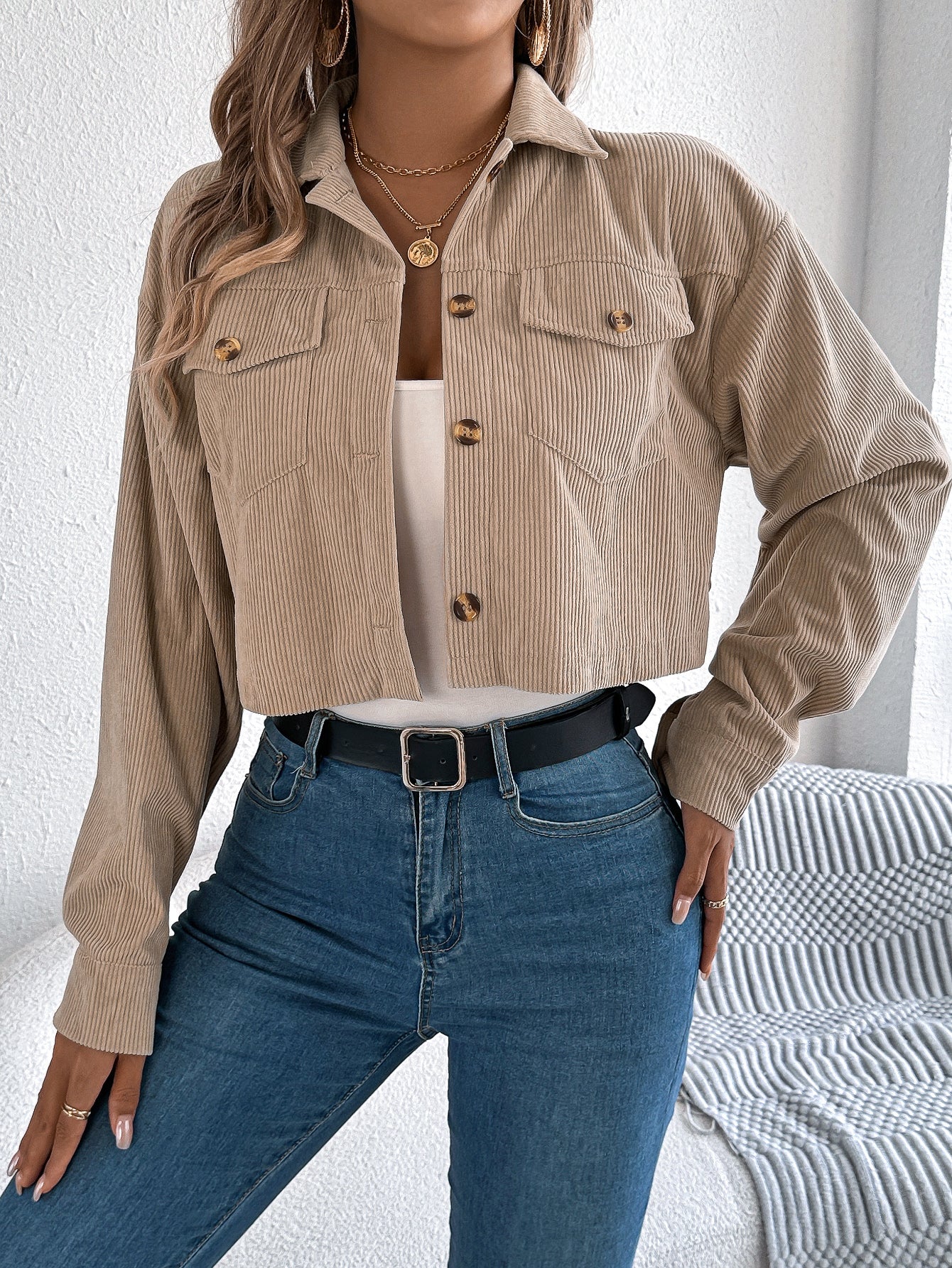 Casual Pocket Long Sleeve Corduroy Short Jacket Coat
