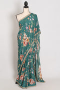 Afrin: Teal Floral Chinon Crepe Saree with Hand-Embroidered Pearl Border