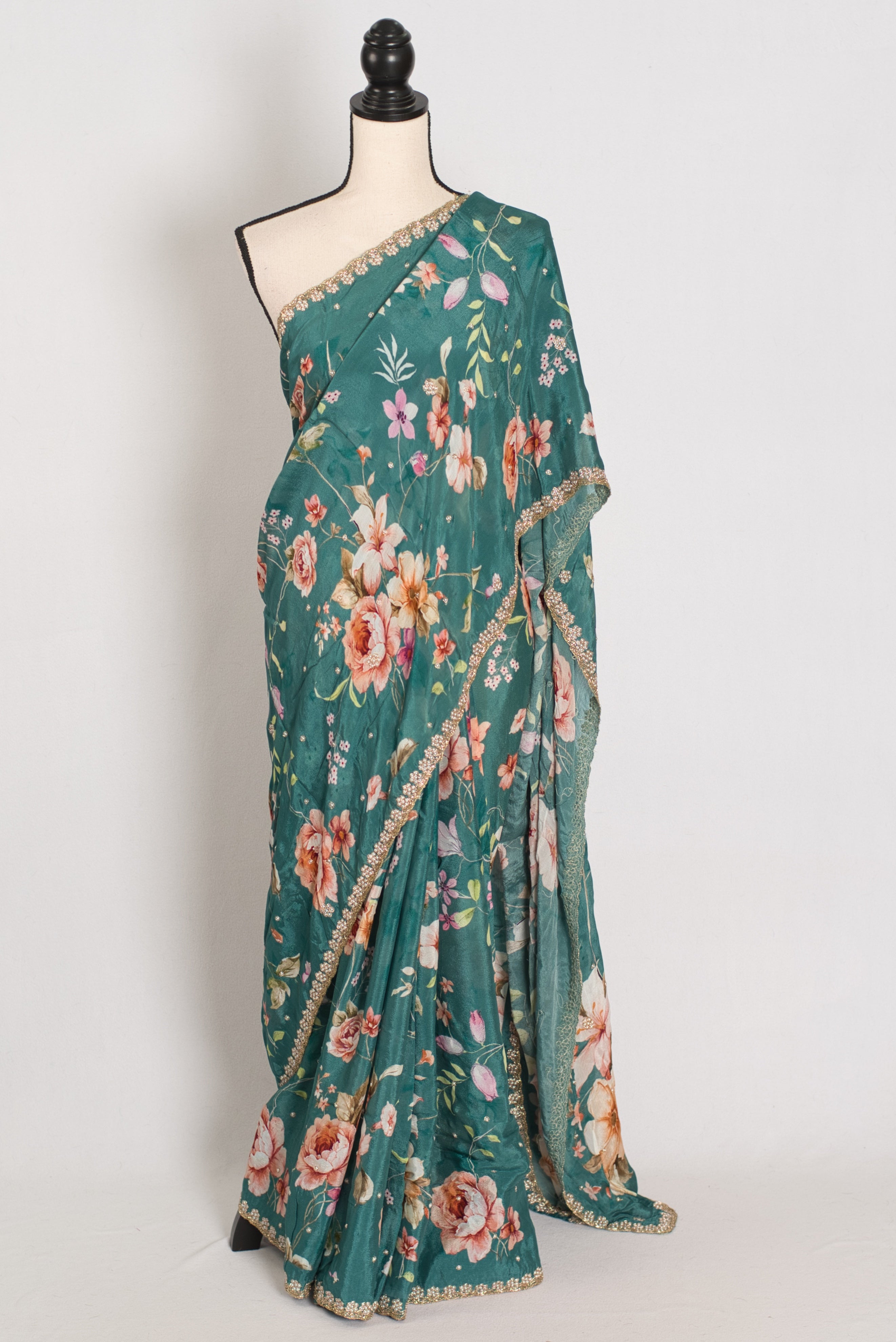 Afrin: Teal Floral Chinon Crepe Saree with Hand-Embroidered Pearl Border