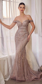 CLEARANCE - Andrea & Leo A1257 Long Off the Shoulder Dusty Mauve Gown (Size 4)