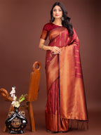 Shree Shyam Fashion Maroon Linen Cotton Saree with Golden Zari Leaf Woven Design & Rich Pallu - Festive Wear | Office Look | Soft Drape