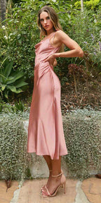 CLEARANCE - Cinderella Divine BD103 Satin Mauve Midi Length Dress Neck (Size S)