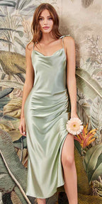 CLEARANCE - Cinderella Divine BD103 Satin Mauve Midi Length Dress Neck (Size S)